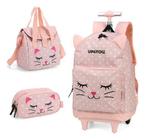 Kit Mochila Rodinhas Lancheira E Estojo Gato Up4You - Rosa