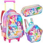 Kit Mochila Rodinhas Lancheira Estojo Feminino Rainbow Poney