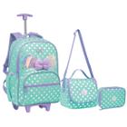 Kit Mochila Rodinhas Lancheira Juvenil Estojo Verde Kids Laço Poá Yepp