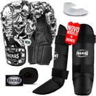 Kit Muay Thai Luva Bandagem Caneleira Bucal Caveira 12oz