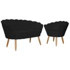 Kit Namoradeira + 1 Poltrona Decorativa Pétala Suede Preto Pés Madeira Mz Decor