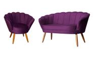 Kit Namoradeira + 1 Poltrona Decorativa Pétala Veludo Roxo Pés Madeira Ms Decor - Mansão Decor