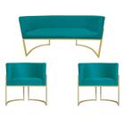 Kit Namoradeira + 2 Poltronas Decorativa Luana Suede Azul Tiffany Base Dourarada Mz Decor