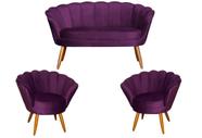 Kit Namoradeira + 2 Poltronas Decorativa Pétala Veludo Roxo Pés Madeira Mz Decor - Mazzero Decor