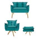 Kit Namoradeira, Poltrona e Puff Zatti Base Giratória de Madeira Sala de Espera Suede Azul Turquesa - DAMAFFÊ MÓVEIS