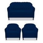 Kit Namoradeira Recamier Sofá mais 02 Poltrona Julia Pés Luís Xv Com Botonê Quarto Sala de Estar Recepção Suede Azul Marinho - AM Decor