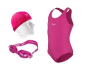 Kit Natação Speedo Maiô Vital + Óculos Jr Olympic + Touca Xtrafit Tecido - 6 a 12 anos