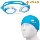 Kit óculos de natação essential azul adulto + touca de natação de silicone azul - vollo