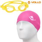 Kit óculos de natação infantil classic amarelo + touca de natação de silicone rosa - vollo