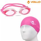 Kit óculos de natação infantil classic rosa + touca de natação de silicone rosa - vollo sports