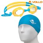 Kit óculos de natação infantil shark fin azul e amarelo + touca de natação de silicone azul - vollo