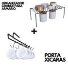 Kit Organizador De Armário Prateleira Cozinha Grande E Suporte De Xícaras