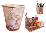 Kit Organizador, Porta Caneta e Lixeira Rose Gold Escritório