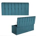 Kit Painel Cabeceira Estofada e Calçadeira Baú Recamier Kiara 140cm Casal Padrão Suede Azul Turquesa - Ahazzo Móveis