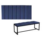 Kit Painel Carla e Calçadeira Industrial 160cm Queen Size Box Ferro Preto Suede Azul Marinho - Ahz Móveis