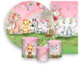 Kit Painel De Festa + Trio Capa Cilindro + Faixa Veste Fácil - Animais Safari Flores Rosa 011