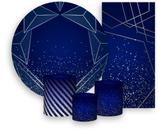 Kit Painel De Festa + Trio Capa Cilindro + Faixa Veste Fácil - Azul Geométrico Prateado Efeito Glitter 001