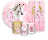 Kit Painel De Festa + Trio Capa Cilindro + Faixa Veste Fácil - Cavalo Branco Boiadeira com Flores Rosas 017