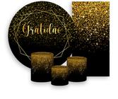 Kit Painel De Festa + Trio Capa Cilindro + Faixa Veste Fácil - Geométrico Dourado Efeito Glitter Gratidão 015