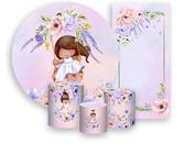 Kit Painel De Festa + Trio Capa Cilindro + Faixa Veste Fácil - Jardim Rosa e Lilás com Menina 009