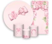 Kit Painel De Festa + Trio Capa Cilindro + Faixa Veste Fácil - Laço Rosa com Flores 020