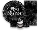 Kit Painel De Festa + Trio Capa Cilindro + Faixa Veste Fácil - Meus 50 Anos Efeito Brilhos Prateados 028 - Via Cores