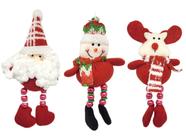 Kit Papai Noel, Boneco de Neve e Rena Pelúcia Pendente Natal Perna Miçanga 15cm 3 Peças