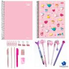 Kit Papelaria Tons Rosa Fofa Kawaii Cor Rosa Escolar Neon