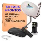 Kit para 4 pontos com receptor de tv vivensis vx10 sat hd+ antena + cabo + lnbf quadruplo