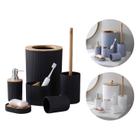 Kit para Banheiro 06 Peças Decoração Lixeira Porta Sabonete Líquido Saboneteira Escova Sanitária em Bambu e ABS