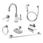 Kit Para Banheiro Acessórios Metal Inox + Torneira Banheiro Lavatório 1198 + Ducha Higiênica Kit Completo 7 Peças 2122