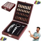 Kit para Vinho Com Jogo de Xadrez 5 Peças Aço Inox e Madeira