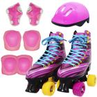 Kit Patins Clássico Quad 4 Rodas Roller + Acessórios Feminino Rosa Tam 28 Importway BW-021-R