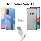 Kit Película 3D de Vidro + Capinha Transparente + Cabo Carregador Tipo C para Redmi Note 11