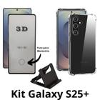 Kit Película Premium 3D de Vidro + Capinha Transparente + Suporte de Mesa para Samsung Galaxy S25 Plus