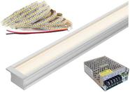 Kit perfil embutir 1 metro branco + fonte 3a + fita 240 leds branco quente