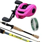 Kit Pesca Fem Carretilha Montana Rosa Vara de Carbono Topaz