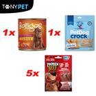 Kit petiscos 250g para filhotes (petdog filhotes + 5 bifinhos carne + bongos filhotes carne)