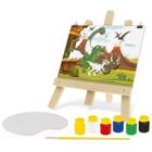 Kit Pintura Infantil Quadro Dinossauro C/ Cavalete 6 Tintas Pincel 4 Desenhos