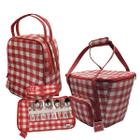 Kit Piquenique Cesta Térmica Bolsa Garrafas talheres Xadrez Vermelho