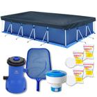 Kit Piscina 10.000 L + Forro + Capa + Filtro 220v 3028l/H + Cloro + Peneira + Flutuador