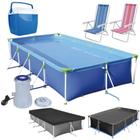 Kit Piscina 3700 L + Capa Forro e Bomba 110v + Kit Guarda Sol 2 Cadeiras e Termica 18l Mor