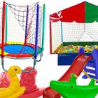 KIT Playground Brinquedo Área de Lazer Infantil Cama Elástica 2,30M + Escorregador Médio + Cavalinho + Nhoca + Jacaré + Piscina 1,5M (1000 bolinhas)