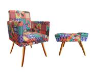 Kit Poltrona Decorativa Bia + Puff Retangular Suede Patchwork Pés Madeira Mz Decor
