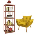 Kit Poltrona Fatte com Estante Livreiro Ferro Bronze MDF Castanho Suede Amarelo - Ahazzo Móveis