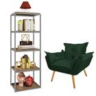 Kit Poltrona Fatte com Estante Livreiro Ferro Cinza MDF Nogal Suede Verde Musgo - Ahazzo Móveis