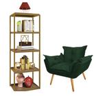 Kit Poltrona Fatte com Estante Livreiro Ferro Dourado MDF Rústico Suede Verde Musgo - Ahazzo Móveis