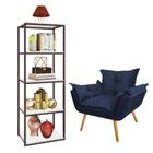 Kit Poltrona Fatte com Estante Livreiro Ferro Marrom MDF Branco Suede Azul Marinho - Ahazzo Móveis