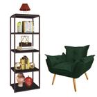 Kit Poltrona Fatte com Estante Livreiro Ferro Marrom MDF Preto Suede Verde Musgo - Ahazzo Móveis