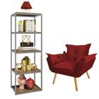 Kit Poltrona Fatte com Estante Livreiro Ferro Prata MDF Caramelo Suede Vermelho - Ahazzo Móveis